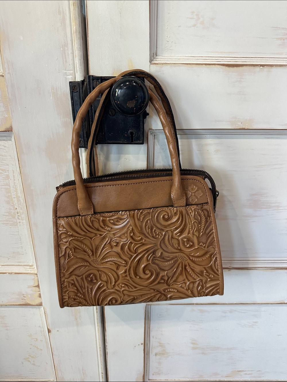 Patricia Nash Tan Embossed Floral Shoulder Bag
